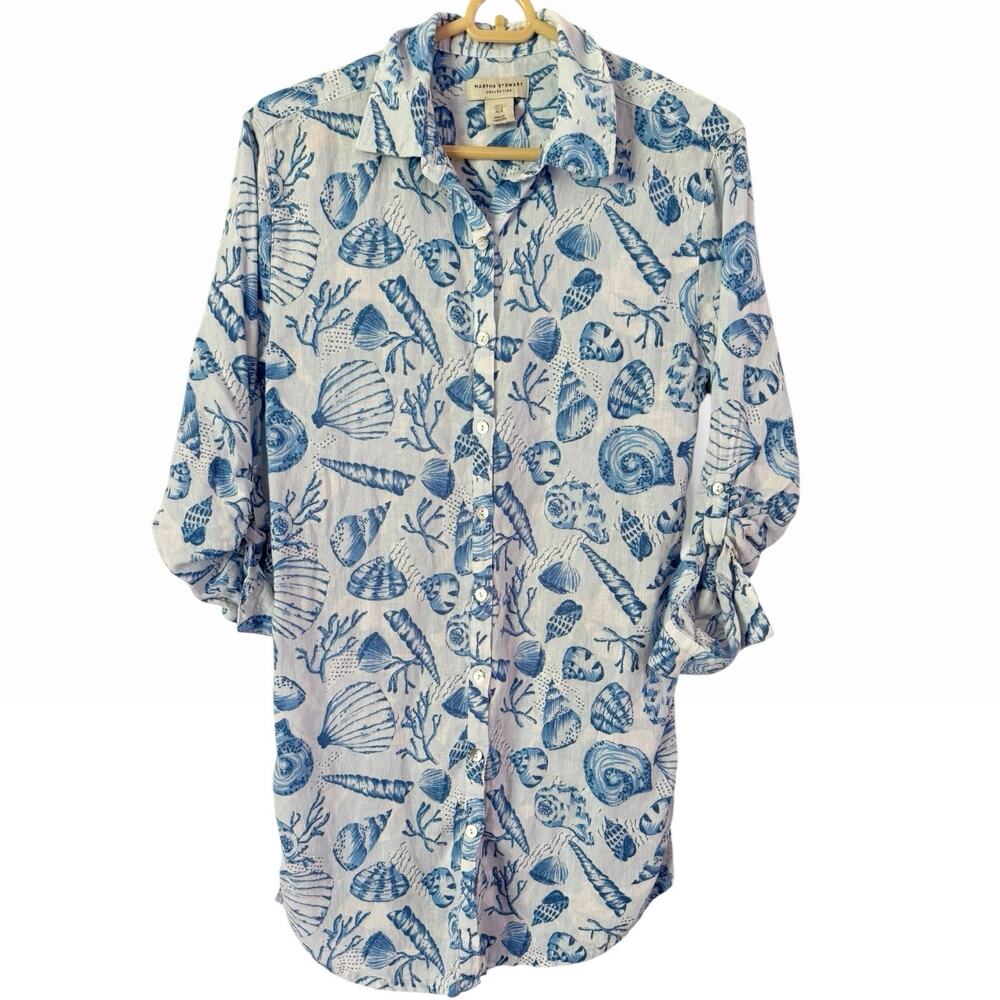 Martha Stewart Blue Seashell Linen Blend Button Front Tunic Dress Size Small